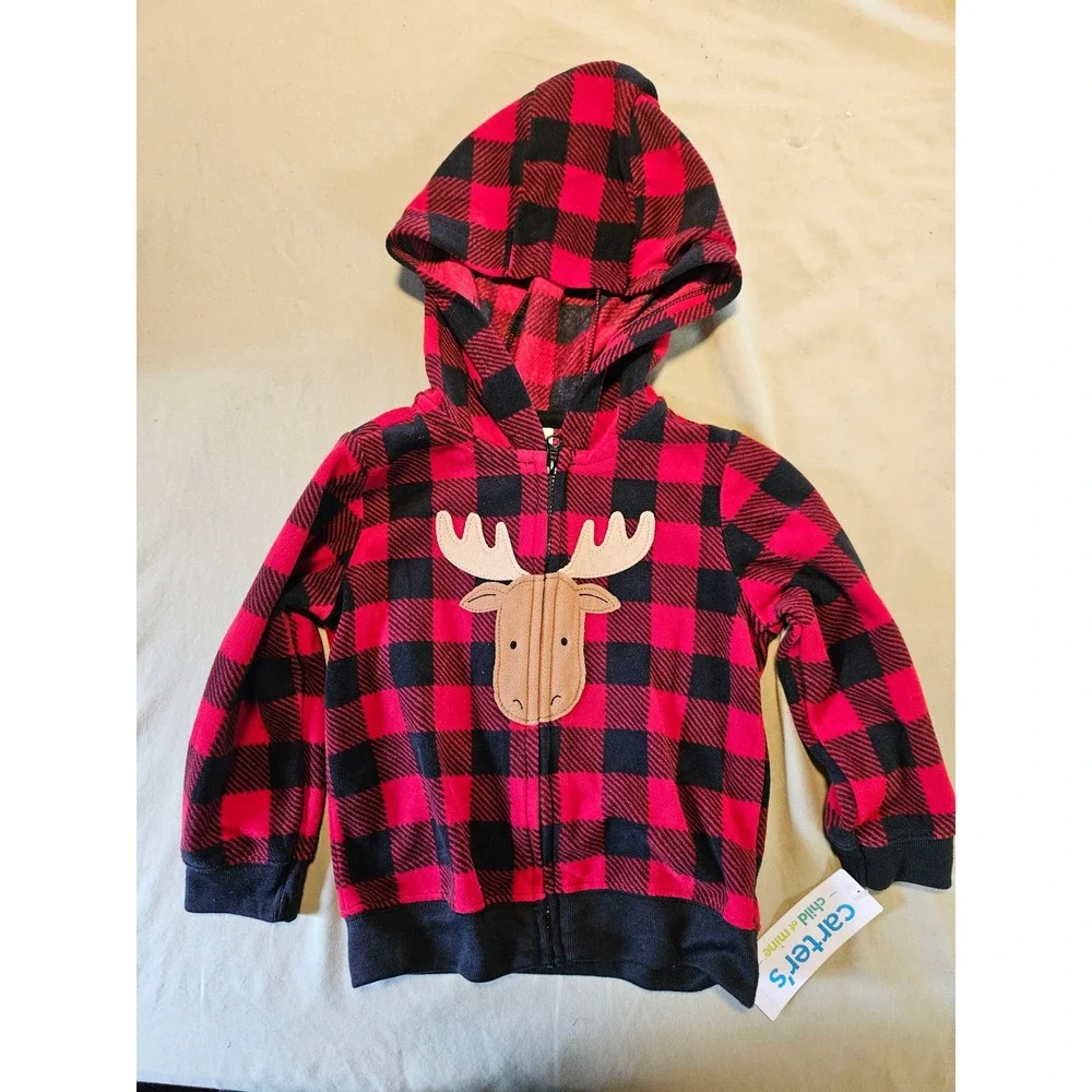 Carters Child of Mine 18M Red Black Buffalo Plaid Moose Fleece Zip Up Hoodie